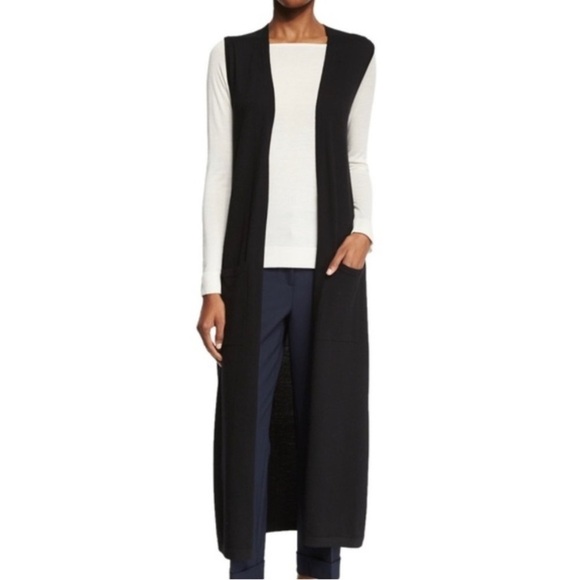 Theory Torina Black Long Sleeveless Merino Wool Duster Cardigan Sweater Sm - Picture 4 of 13
